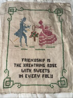 Handmade Cross-Stitch Wall Art - Friendship Rose - Blue & Pink